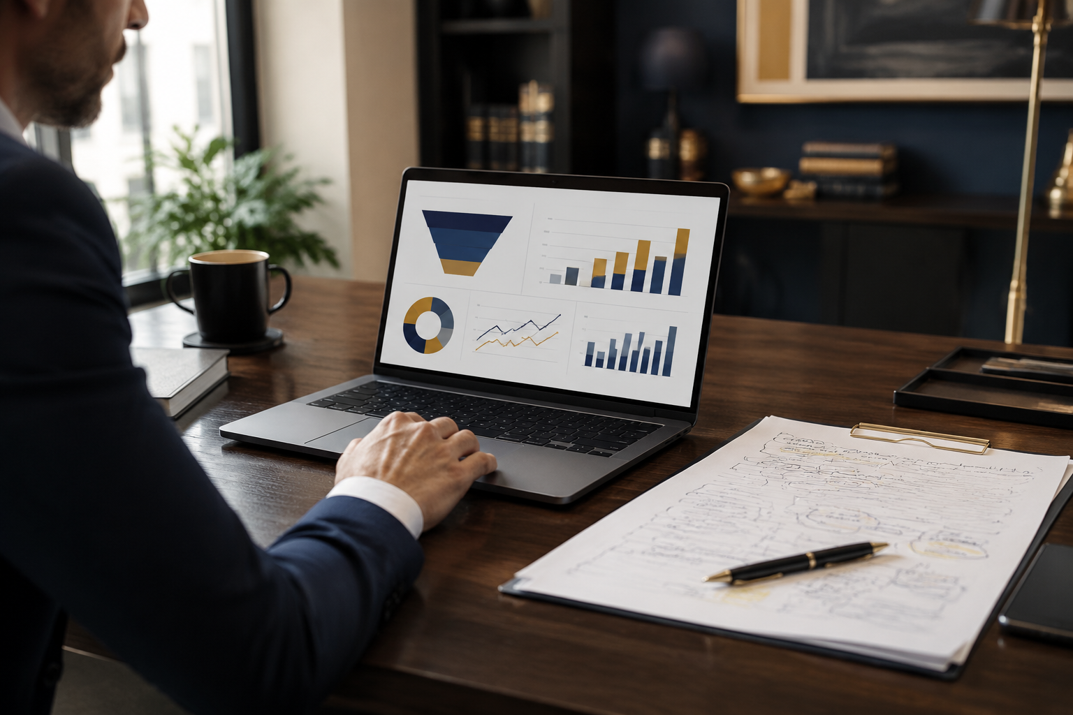 Lawyer on computer with data